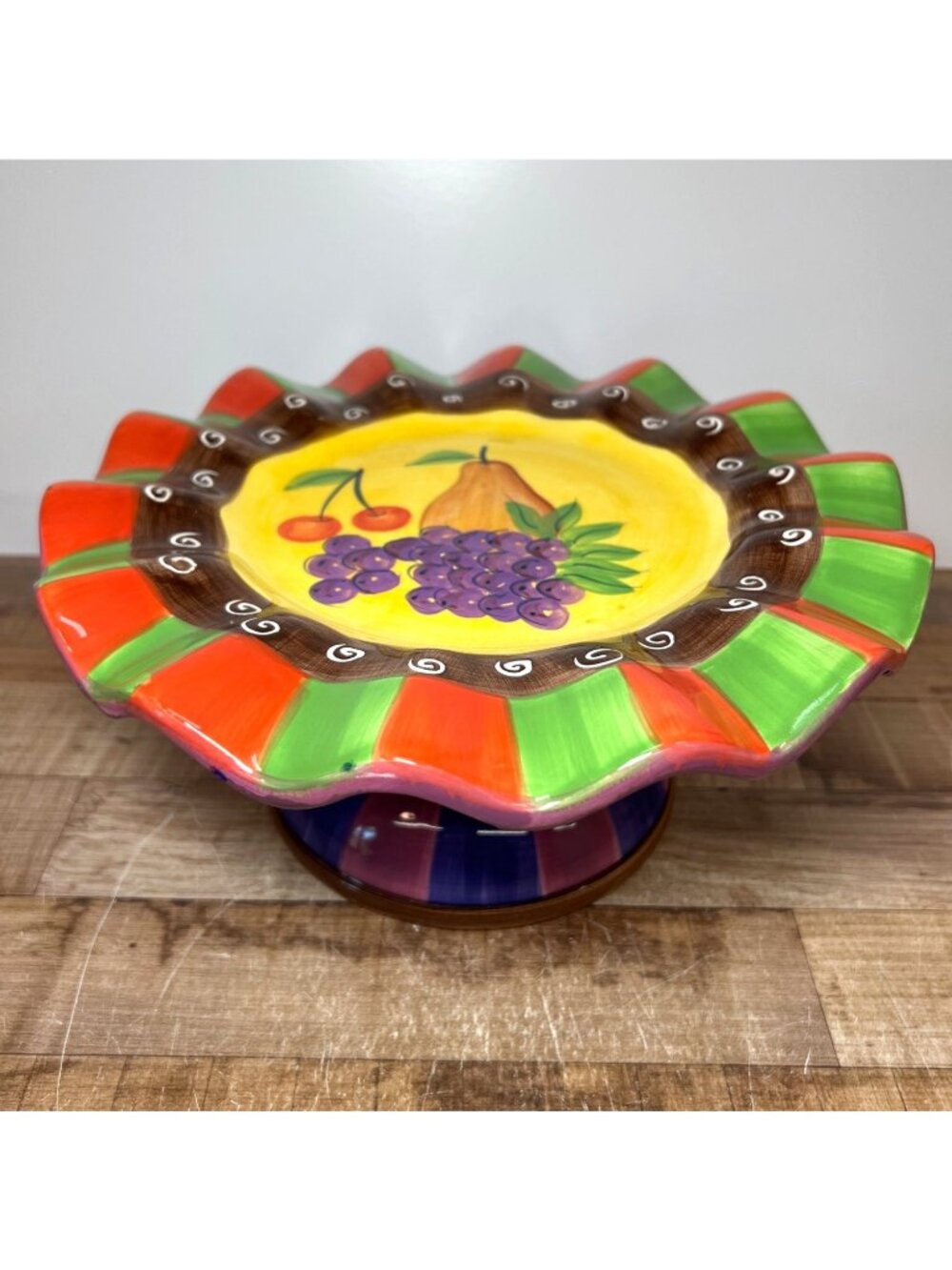 Vibrant Hand-Painted Ceramic Pedestal Cake Stand With Fruit Motif